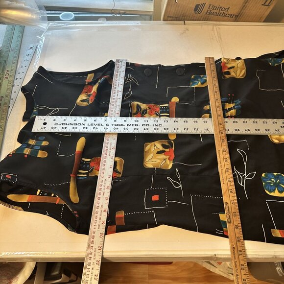 Vtg Womens Black Midi Dress Abstract Floral Print Shift 90s Sleeveless Rayon - Picture 3 of 7